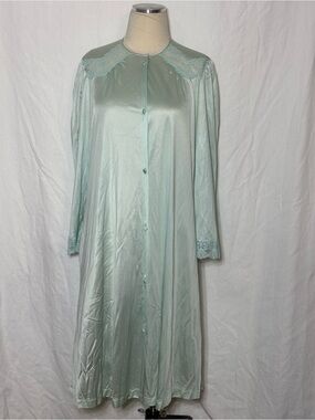 Vintage Vanity Fair Mint Green Satin/Nylon Button-Front Nightgown Lace Trim